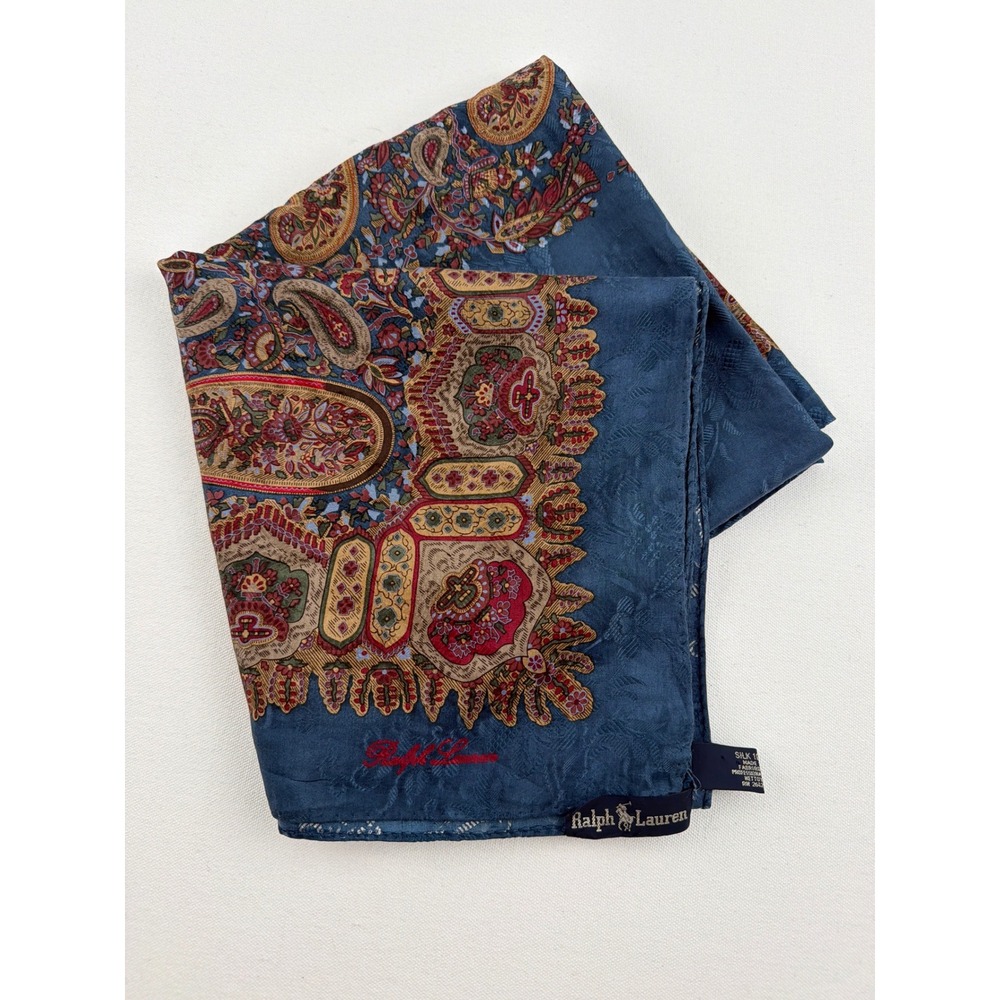 Ralph Lauren Scarf Teal Blue Paisley 100% Silk Vintage 90s Luxury Boho Hand Roll
